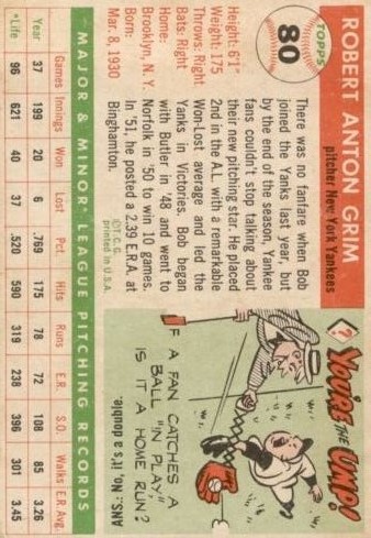 1955 Topps #80 Bob Grim RC back image