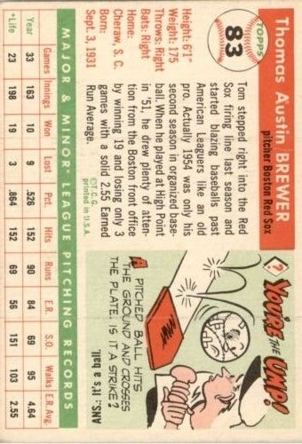 1955 Topps #83 Tom Brewer RC back image