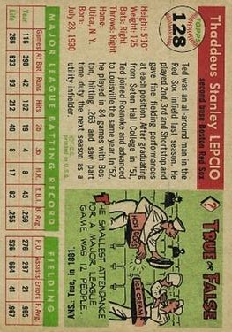 1955 Topps #128 Ted Lepcio back image