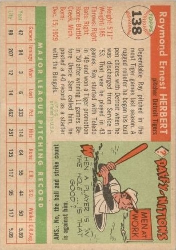 1955 Topps #138 Ray Herbert back image