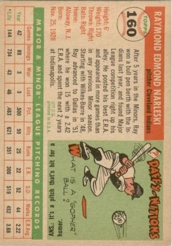 1955 Topps #160 Ray Narleski RC back image