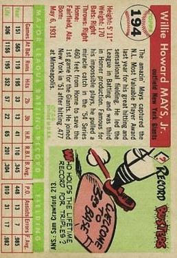 1955 Topps #194 Willie Mays back image