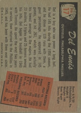 1955 Bowman #17 Del Ennis back image