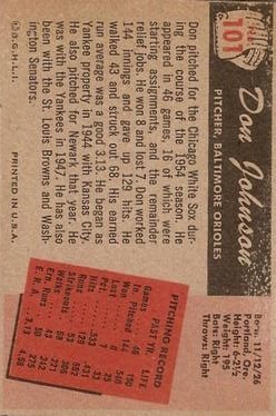 1955 Bowman #101B Don Johnson COR Orioles back image