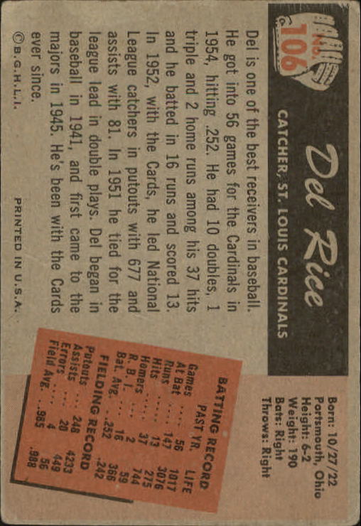 1955 Bowman #106 Del Rice back image
