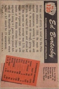 1955 Bowman #120 Ed Burtschy RC back image