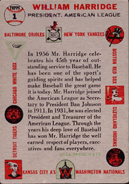 1956 Topps #1 Will Harridge PRES back image