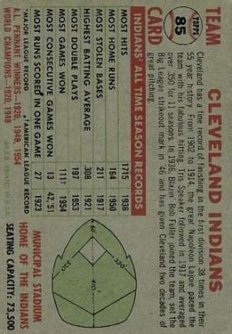 1956 Topps #85A Cleveland Indians TC/Centered back image