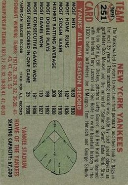 1956 Topps #251 New York Yankees TC/UER Larsen misspelled/as Larson on front back image