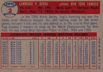 1957 Topps #2 Yogi Berra back image