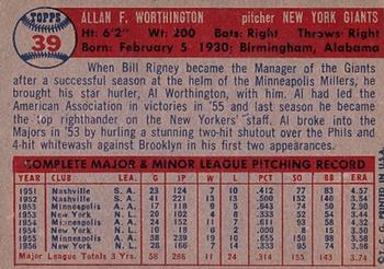 1957 Topps #39 Al Worthington RC back image
