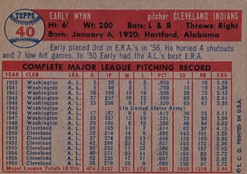 1957 Topps #40 Early Wynn back image