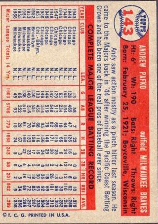 1957 Topps #143 Andy Pafko back image
