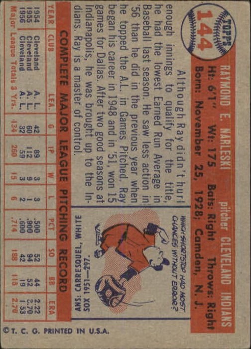 1957 Topps #144 Ray Narleski back image