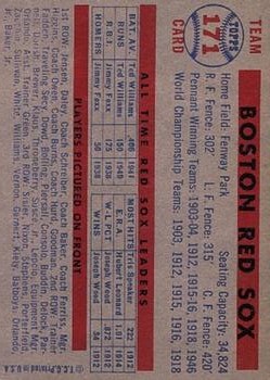1957 Topps #171 Boston Red Sox TC back image