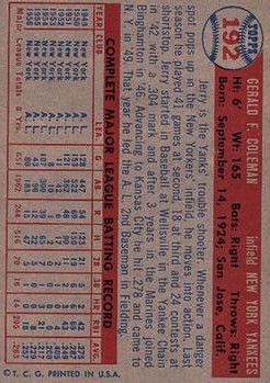 1957 Topps #192 Jerry Coleman back image