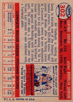 1957 Topps #302 Sandy Koufax DP back image