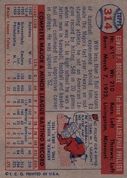 1957 Topps #314 Ed Bouchee DP RC back image