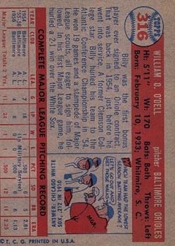 1957 Topps #316 Billy O'Dell back image