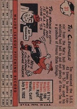 1958 Topps #31 Tex Clevenger RC back image