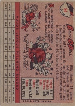 1958 Topps #84 Billy O'Dell back image