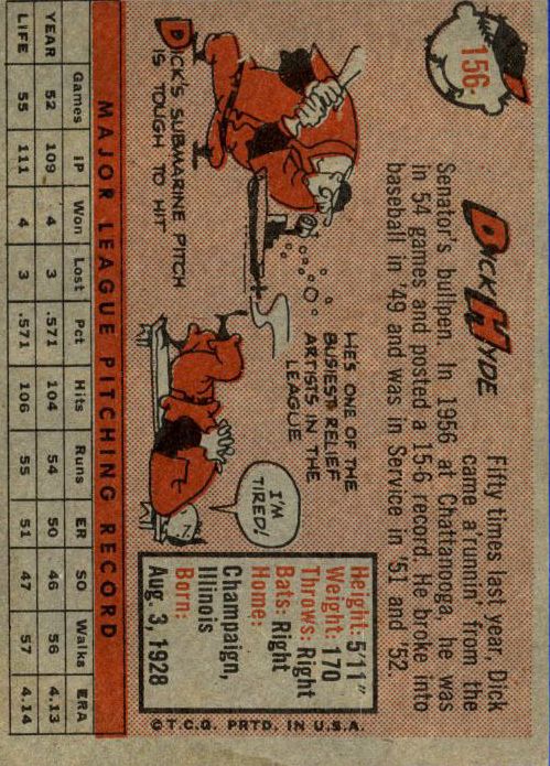 1958 Topps #156 Dick Hyde back image
