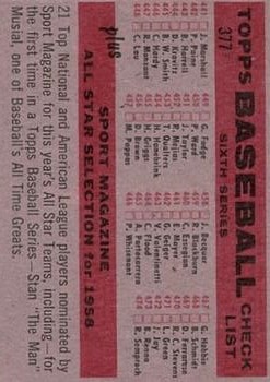 1958 Topps #377B Milwaukee Braves TC/Numerical back image