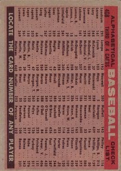 1958 Topps #408A Baltimore Orioles TC/Alphabetical back image