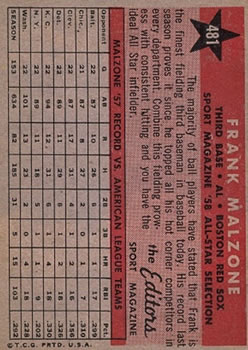 1958 Topps #481 Frank Malzone AS back image