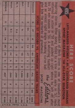 1958 Topps #495 Herb Score AS back image