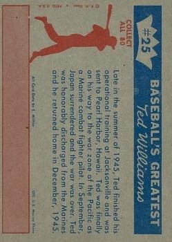 1959 Fleer Ted Williams #25 1945 Ted Discharged back image