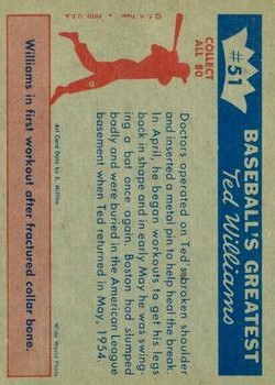 1959 Fleer Ted Williams #51 Ted is Patched Up back image