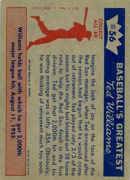 1959 Fleer Ted Williams #56 2,000th Hit 8/11/55 back image