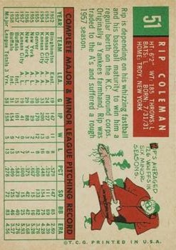 1959 Topps #51 Rip Coleman back image