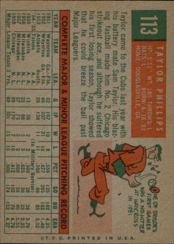 1959 Topps #113 Taylor Phillips back image