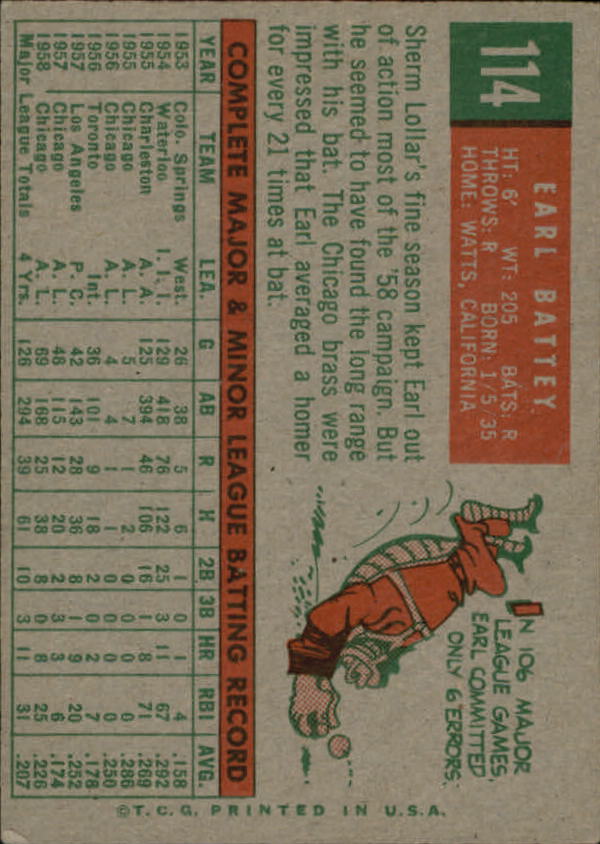 1959 Topps #114 Earl Battey back image