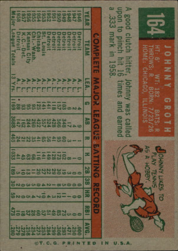 1959 Topps #164 Johnny Groth back image
