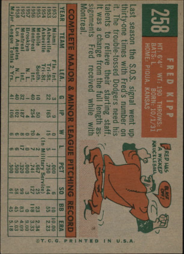 1959 Topps #258 Fred Kipp RC back image