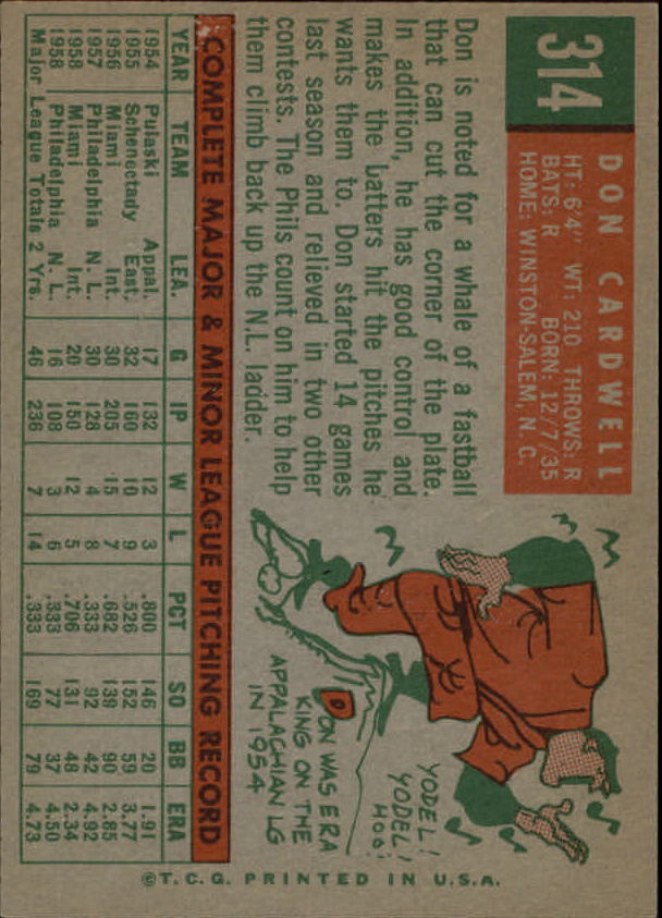 1959 Topps #314 Don Cardwell back image