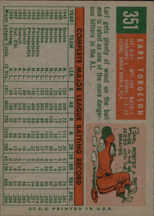 1959 Topps #351 Earl Torgeson back image