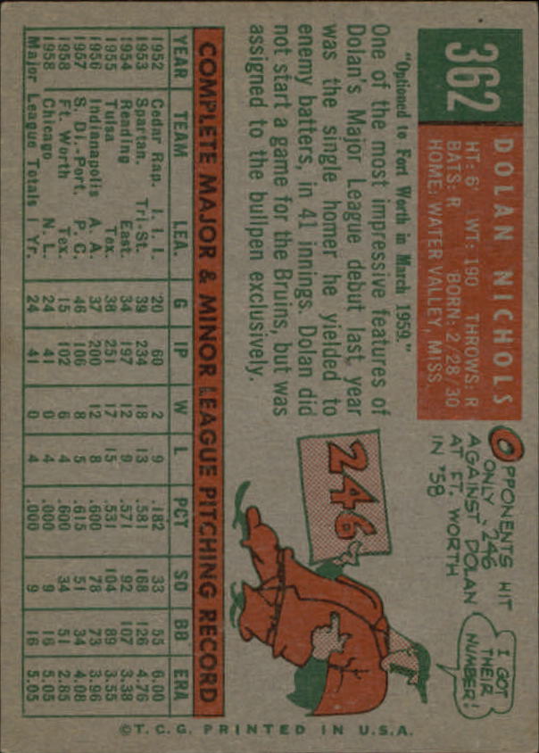 1959 Topps #362A Dolan Nichols RC/With option line back image