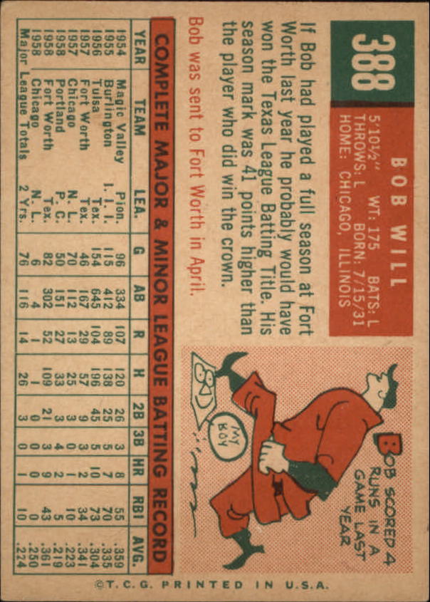 1959 Topps #388 Bob Will RC back image