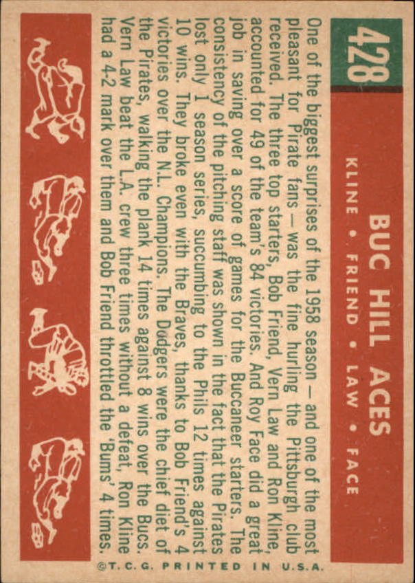 1959 Topps #428 Buc Hill Aces/Ron Kline/Bob Friend/Vernon Law/Roy Face back image