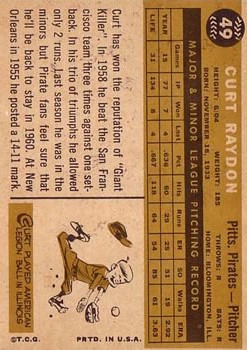 1960 Topps #49 Curt Raydon back image