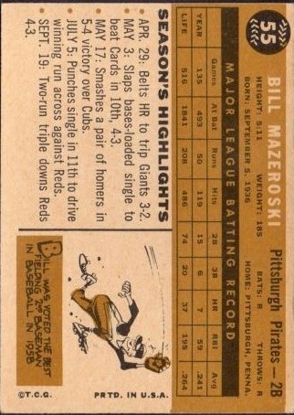 1960 Topps #55 Bill Mazeroski back image