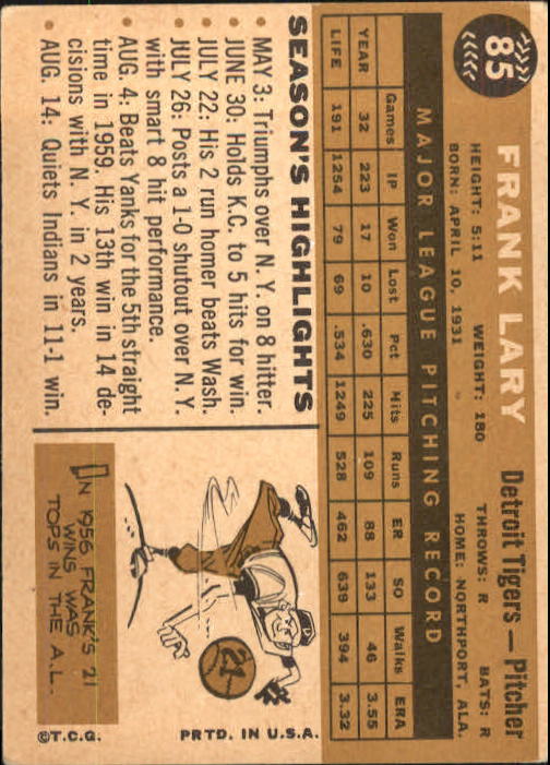 1960 Topps #85 Frank Lary back image