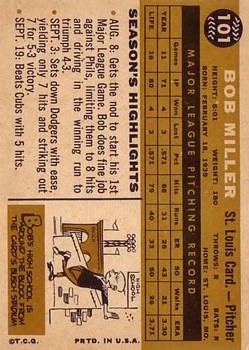 1960 Topps #101 Bob Miller RC back image