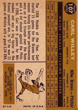 1960 Topps #107 Carlton Willey back image