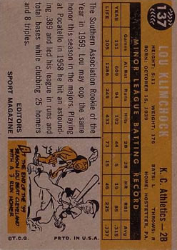 1960 Topps #137 Lou Klimchock RS RC back image