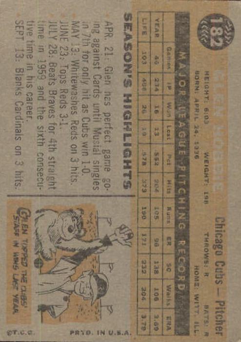 1960 Topps #182 Glen Hobbie back image